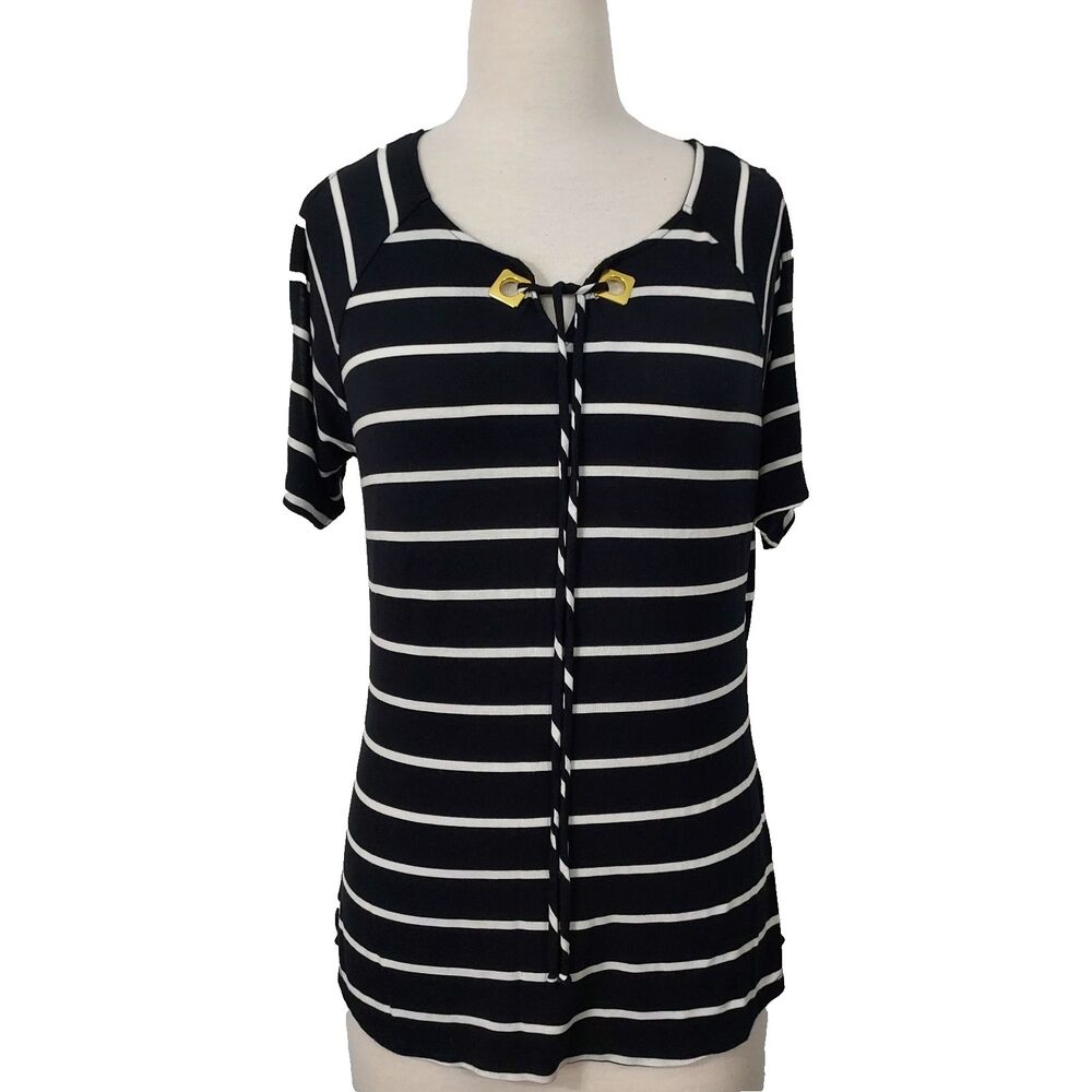 Olivia Blu Shirt Top Comfy Soft Women sz Large Black White Striped Cold Shoulder
